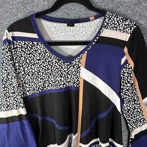 Lildy Printed Handkerchief Hem V-Neck 3/4 Sleeve Black Blue XL Tunic Artsy Boho